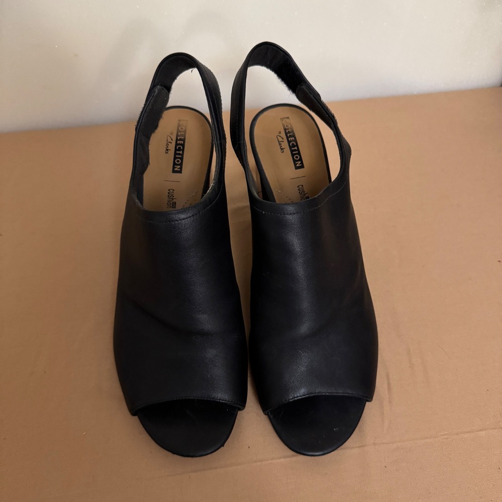 Clarks Deva Jayleen Black Leather Peep Toe Slingback Block Heel‎ Sandals US10
